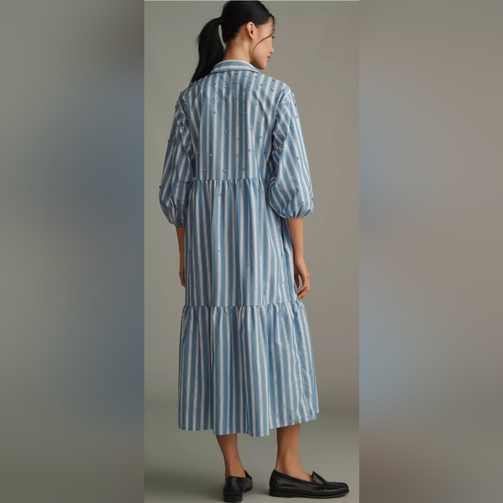 Anthropologie Maeve Bettina Embellished Striped Tiered Shirt Dress - Picture 2 of 7